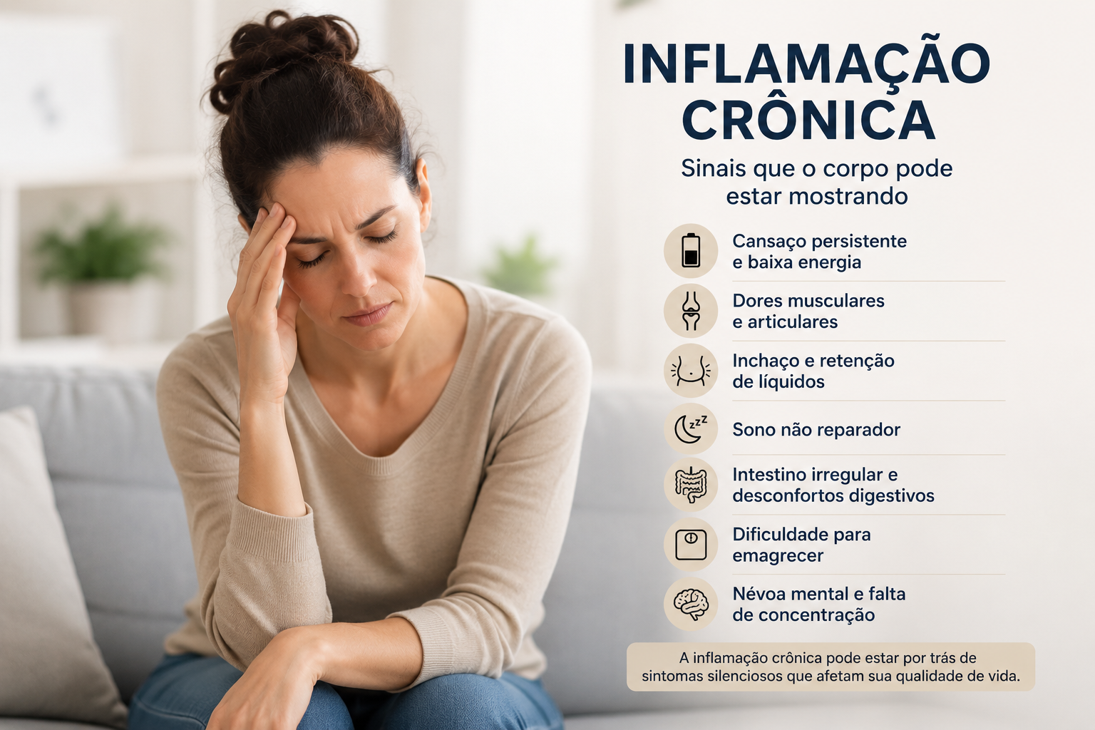 Pessoa com sinais de inflamação crônica, como cansaço, dores e baixa energia