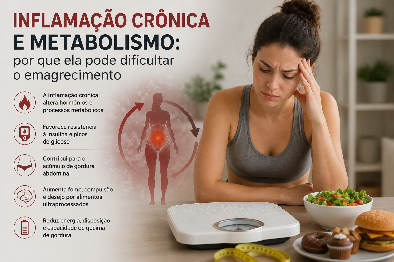 Pessoa avaliando dificuldade de emagrecimento relacionada à inflamação crônica e metabolismo