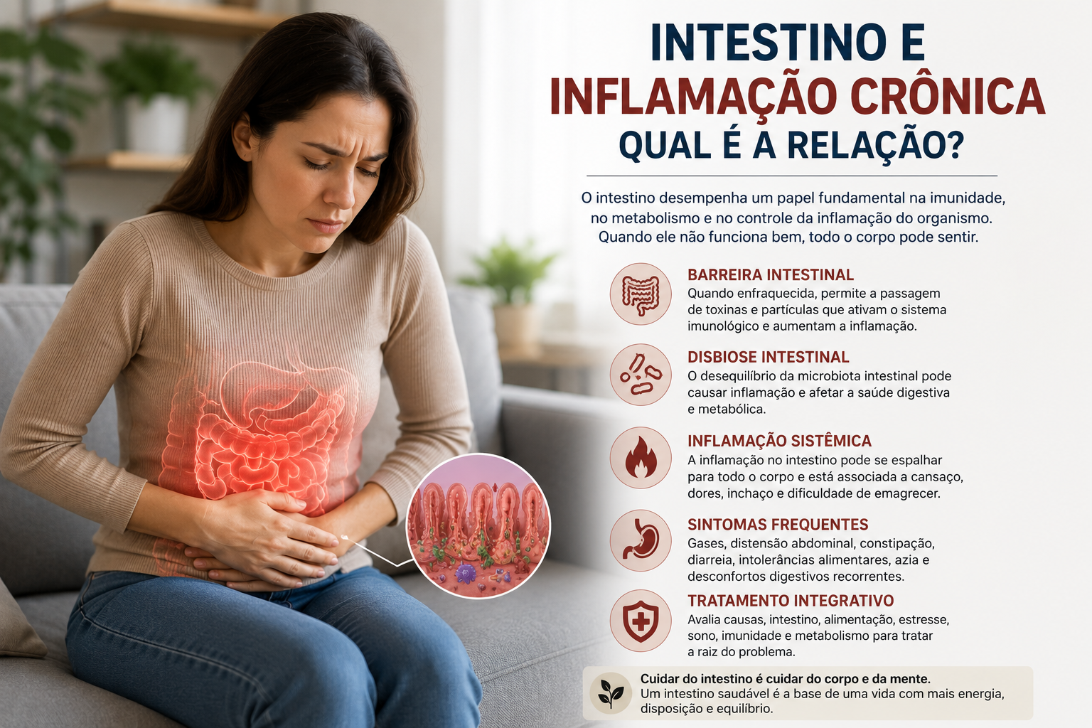 Pessoa com desconforto abdominal relacionado ao intestino e inflamação crônica
