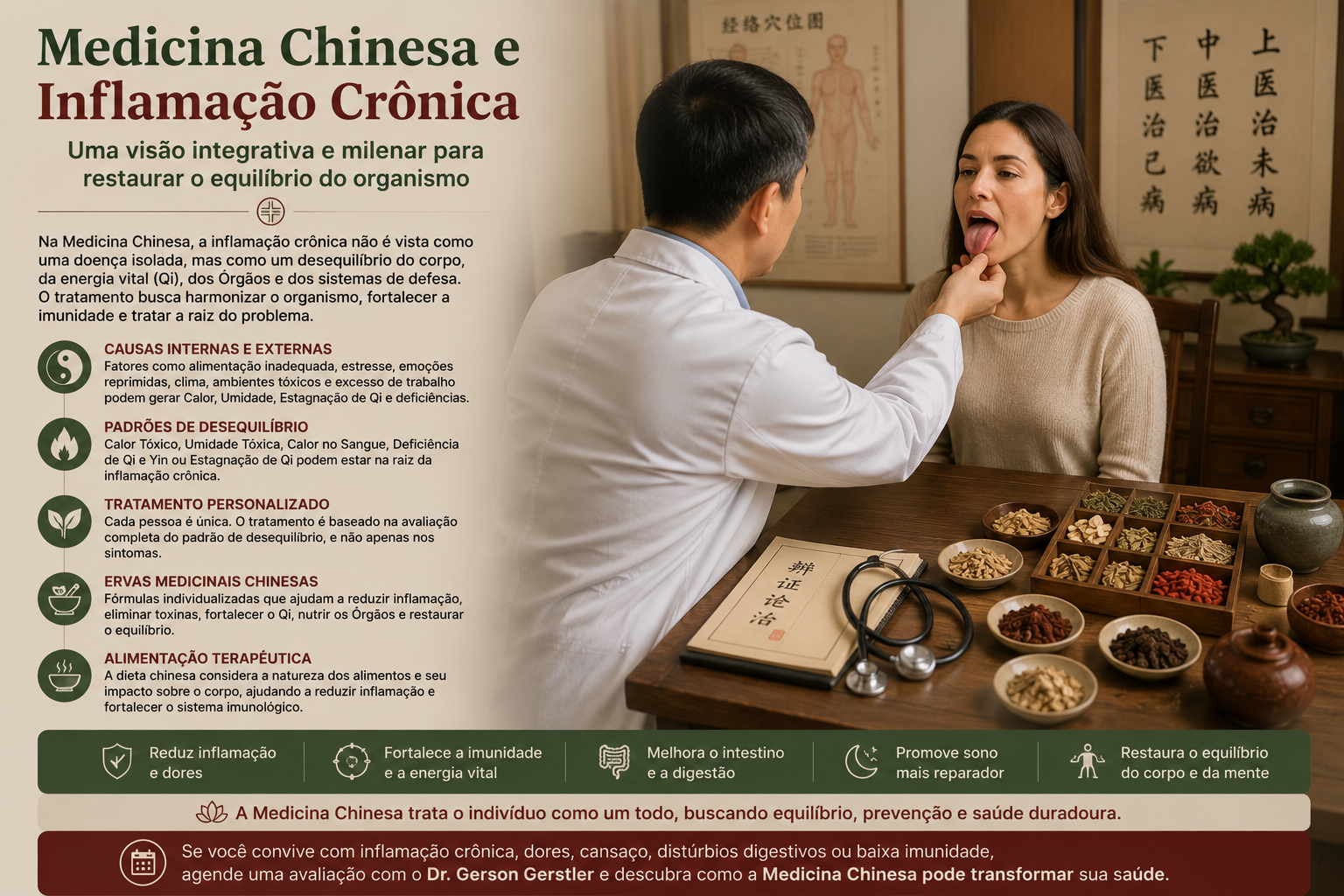 Médico avaliando a língua de paciente em consulta de Medicina Tradicional Chinesa com ervas medicinais e estetoscópio sobre a mesa