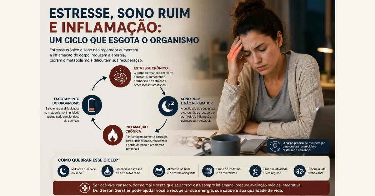 Pessoa com estresse e sono ruim relacionados à inflamação crônica e baixa recuperação do organismo