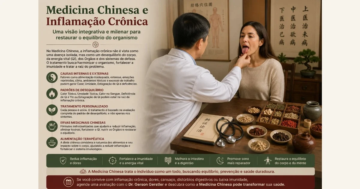 Médico avaliando a língua de paciente em consulta de Medicina Tradicional Chinesa com ervas medicinais e estetoscópio sobre a mesa